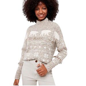 Loft Neutral Polar Bear Fringe Cotton Wool Blend Mockneck Sweater Size XS